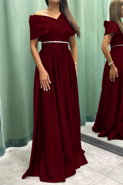 Long Elegant Evening Dress Pleat Off-The-Shoulder