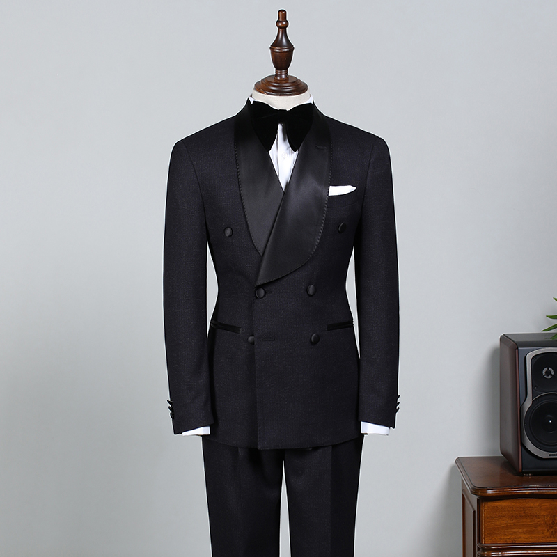 Solomon Classic All Black Double-Breasted Bespoke Wedding Suit for Grooms