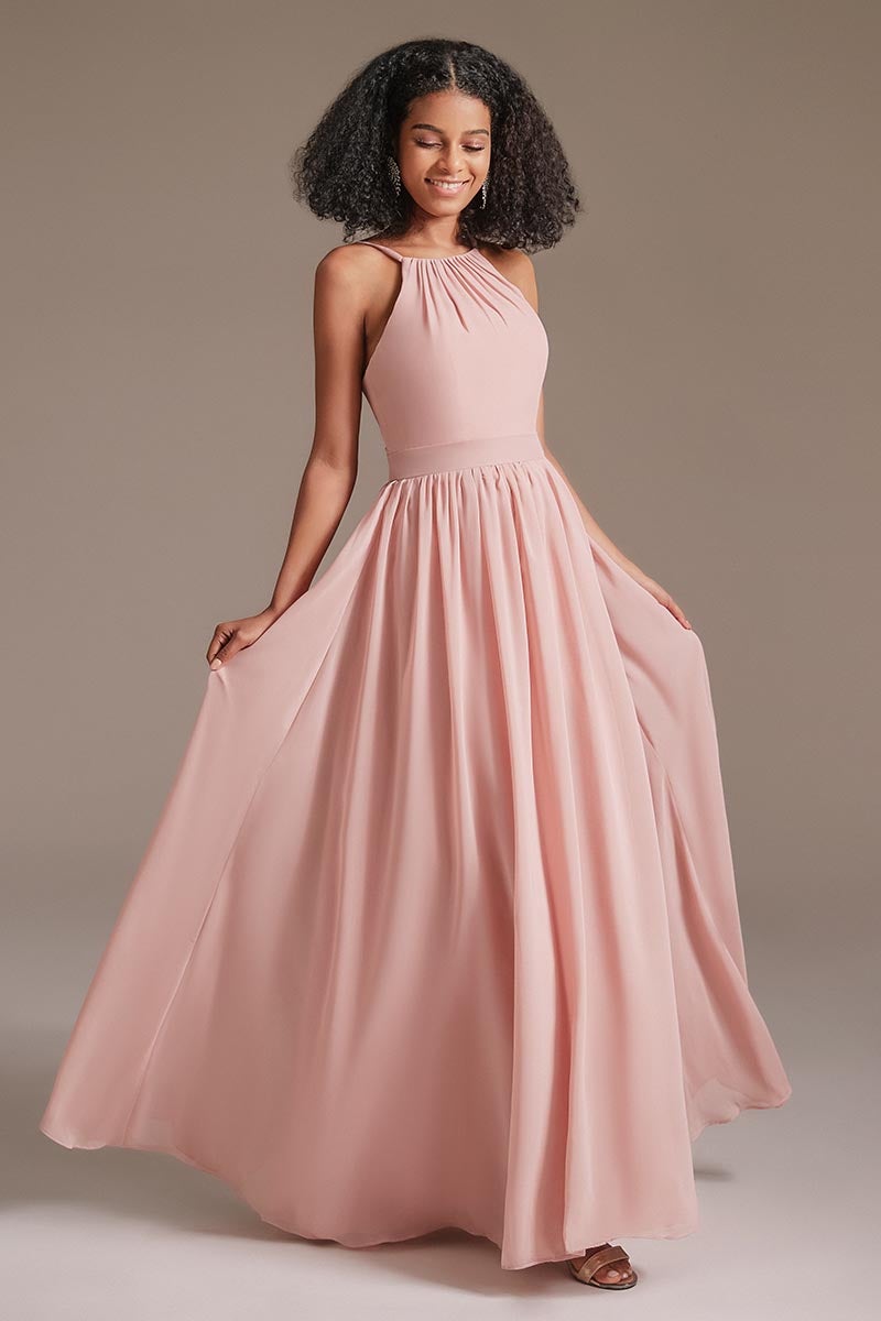 Chiffon Pink Halter Bridesmaid Dress