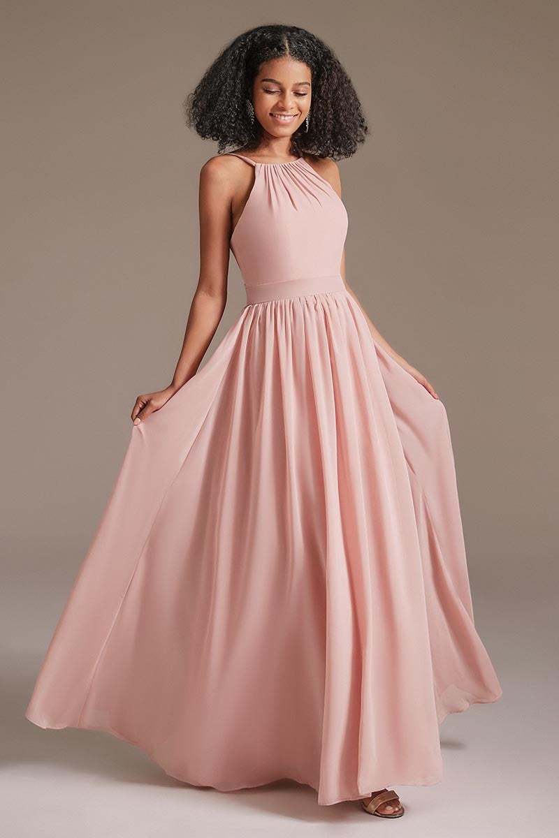 Chiffon Pink Halter Bridesmaid Dress
