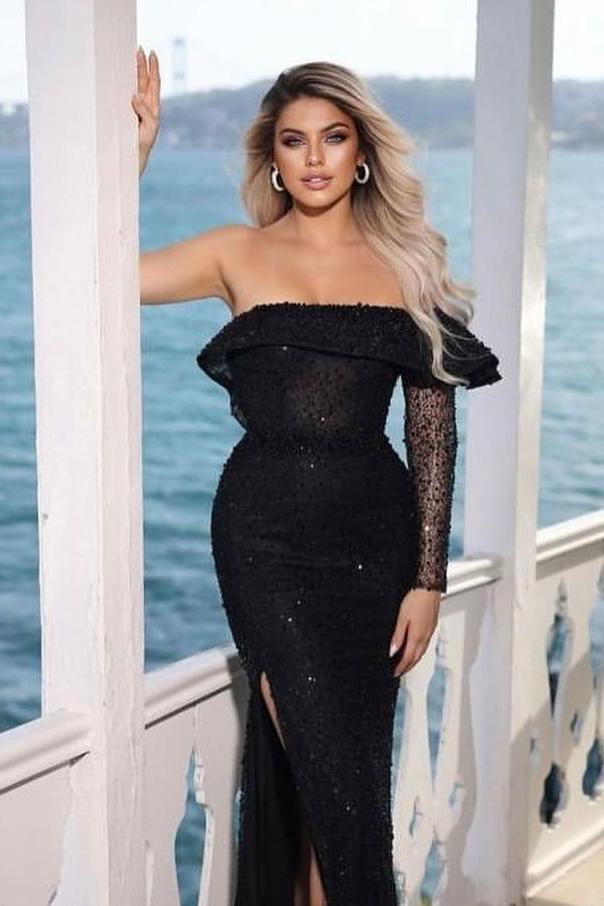 Black Sequins One Shoulder Long Sleeve Mermaid Long Formal Dress With Split