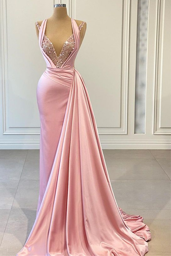 Elegant Pink Halter Sleeveless With Sequins Evening Dress