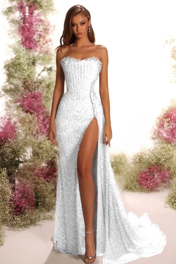 Strapless Sleeveless Long Split Formal Dress With Pleated Sequins