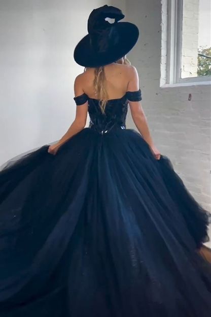 Black Off-the-Shoulder A-Line Princess Prom Dress with Front Split Corset
