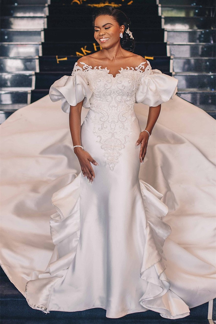 Sweetheart Bubble Mermaid Sleeves Applique Wedding Dress with Cathedral Train