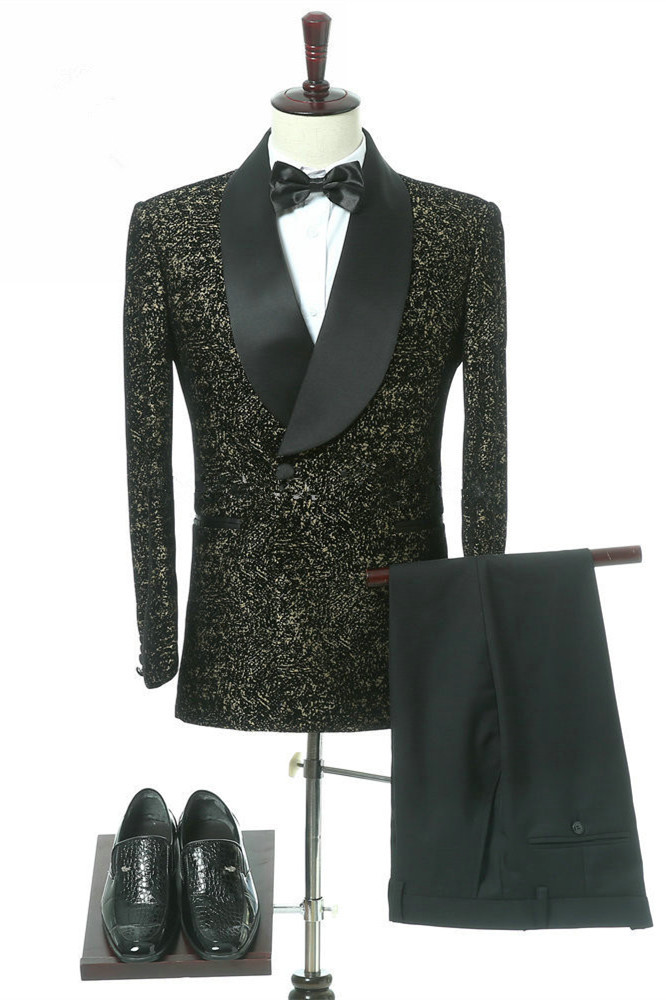 Elegant Black Slim-Fit Double-Breasted Shawl Lapel Wedding Tuxedo