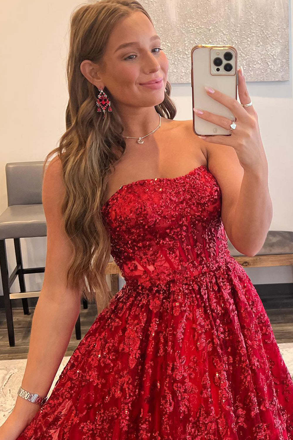Long Red Strapless Prom Dress in A-Line Style