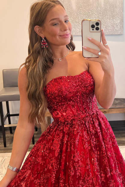 Long Red Strapless Prom Dress in A-Line Style