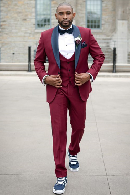 Stylish Slim Fit Burgundy Wedding Tuxedo with Black Shawl Lapel