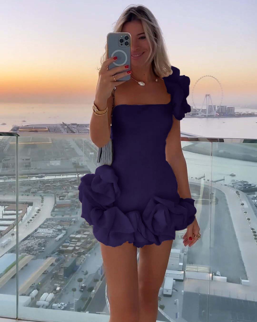 Ivory One-Shoulder Bloom Short Mini cocktail Dress