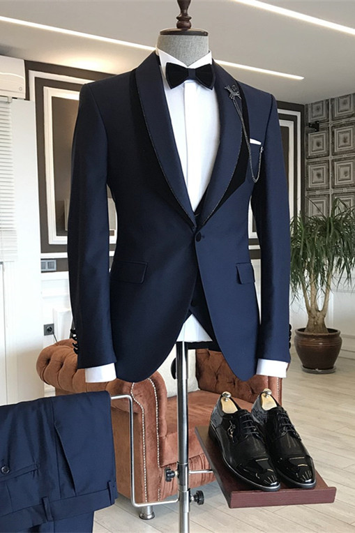 Navy One-Button Blue Shawl Lapel Wedding Groom Suits