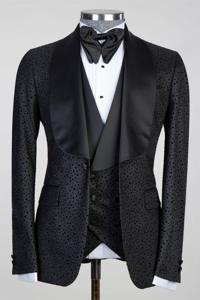 Modern Black Shawl Lapel Three-Piece Men's Suits for Wedding