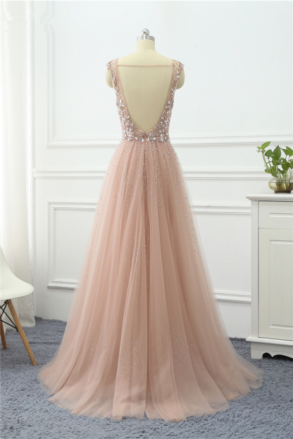Straps V Neck Sleeveless Tulle A Line Formal Dress Long With Beading