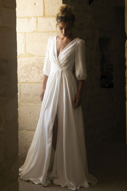 Half Sleeves Wedding Dress V-Neck