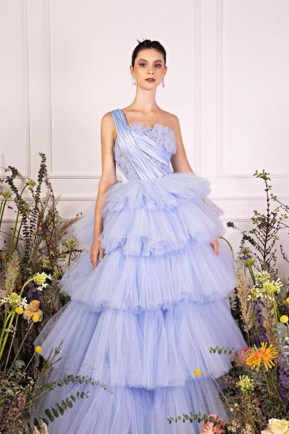 Chic Tulle One Shoulder Sleeveless Ball Gown Long Formal Dress