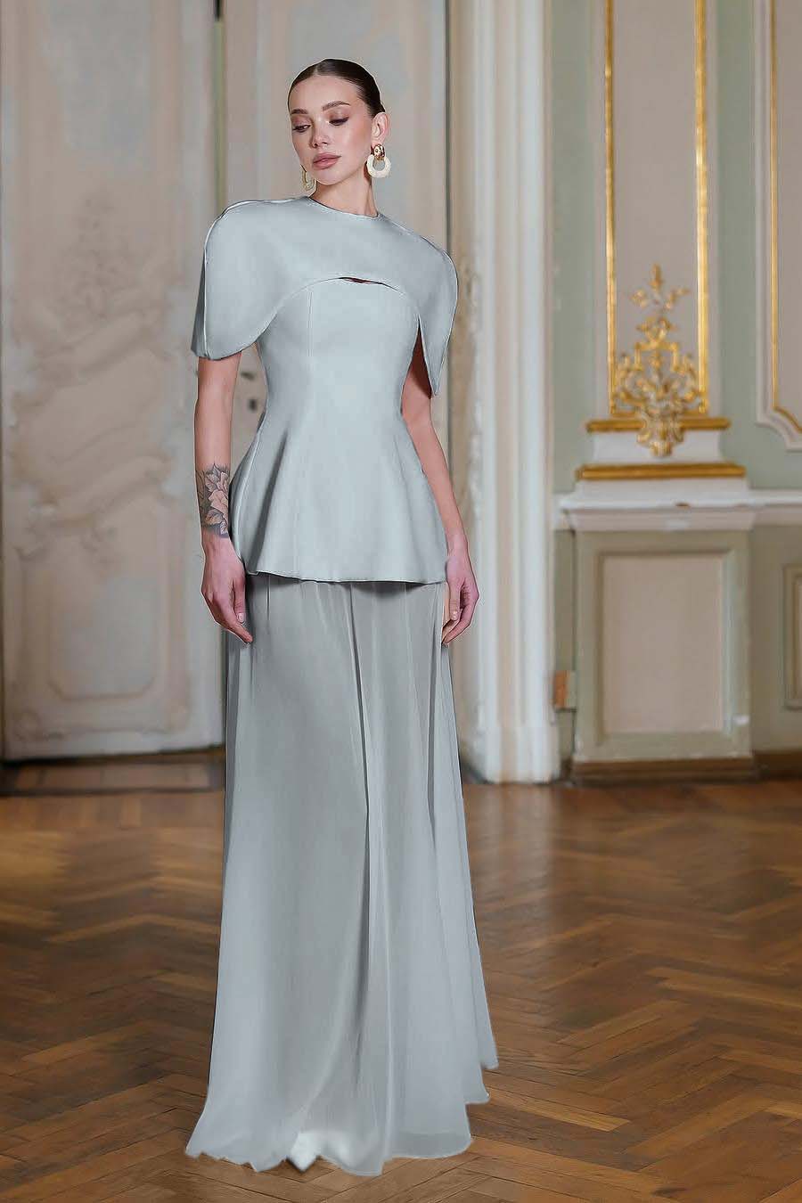 Chiffon Sleeveless Long Mermaid Formal Dress With Pleated Shawl