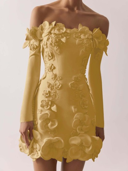 Off the Shoulder Long Sleeves Short Formal Dress With Appliques