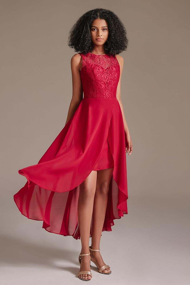 Red Lace Hi-Lo Bridesmaid Dress