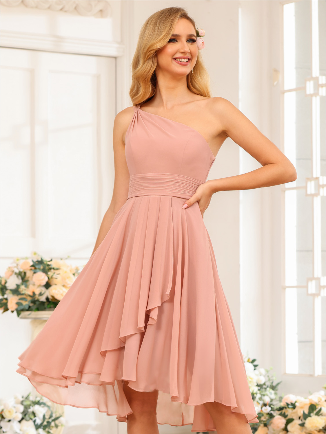 Dark Pink Chiffon One-Shoulder Knee-Length Short Dress