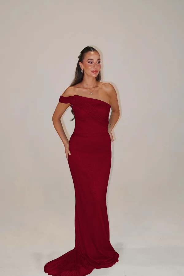 Sequins One Shoulder Sleeveless Long Mermaid Formal Dress With Pleated