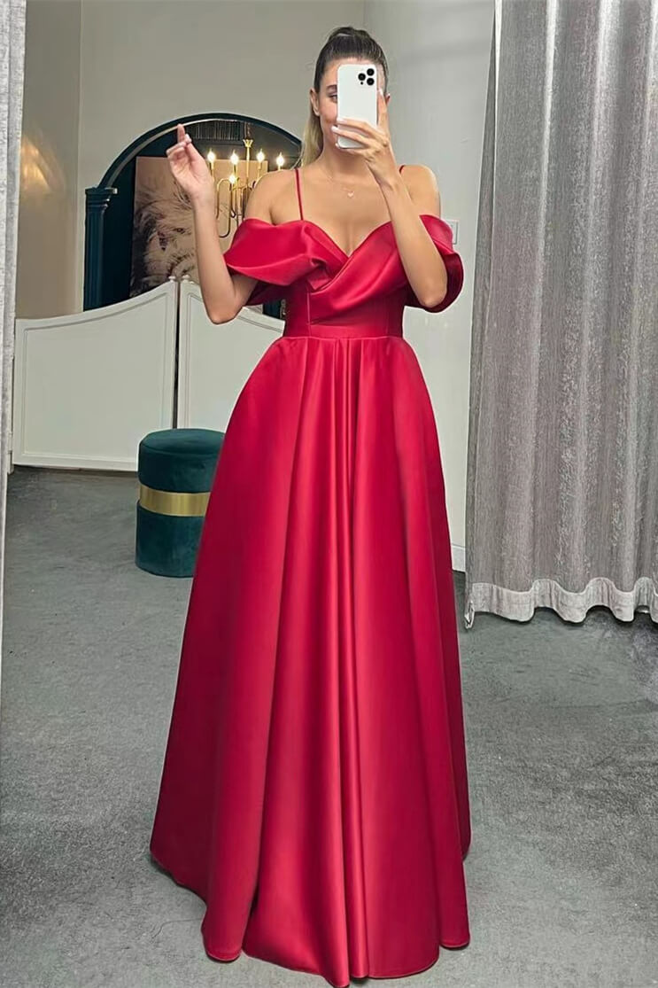 Off-The-Shoulder Spaghetti-Straps A-Line Lace-Up Back Long Evening Dress