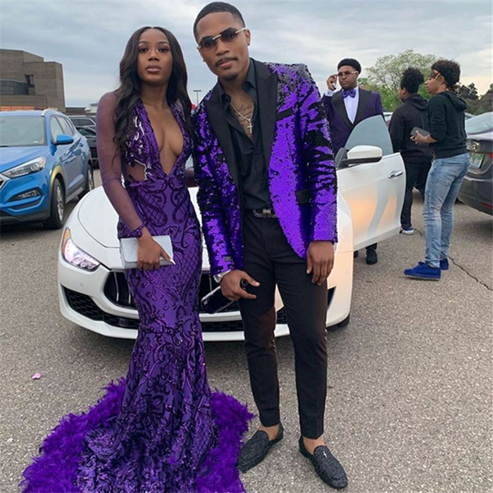 Fashion Purple Sequins Marriage Suit for Men with Two Pieces