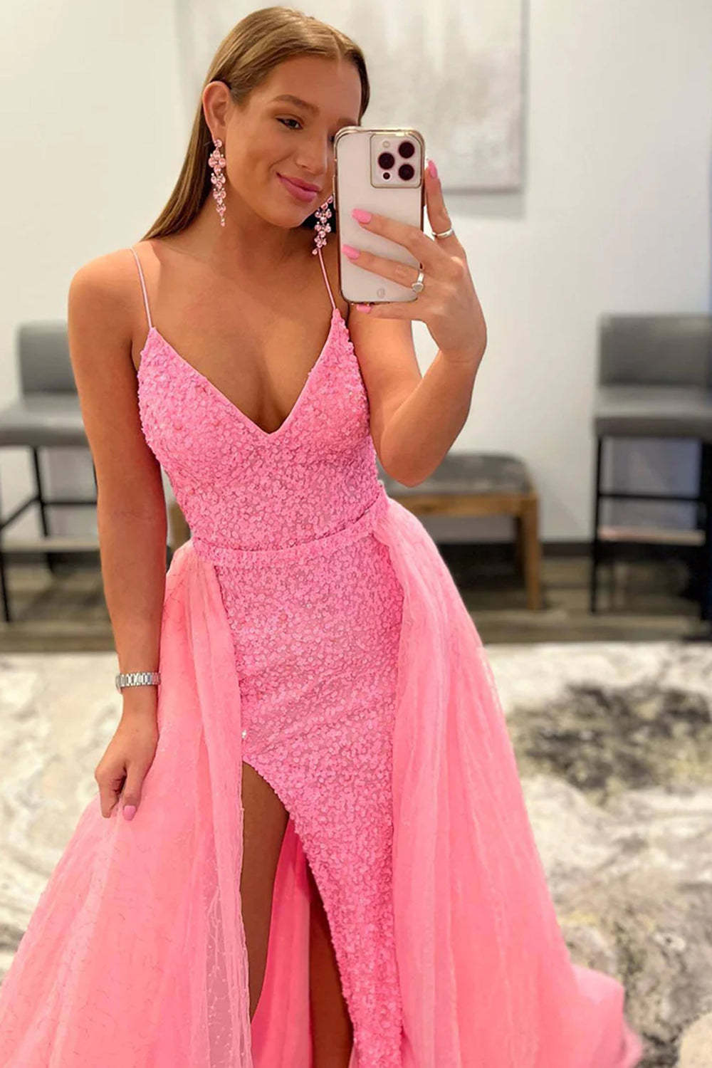 Pink Sparkly Prom Dress with Detachable Sequined Train and Slit