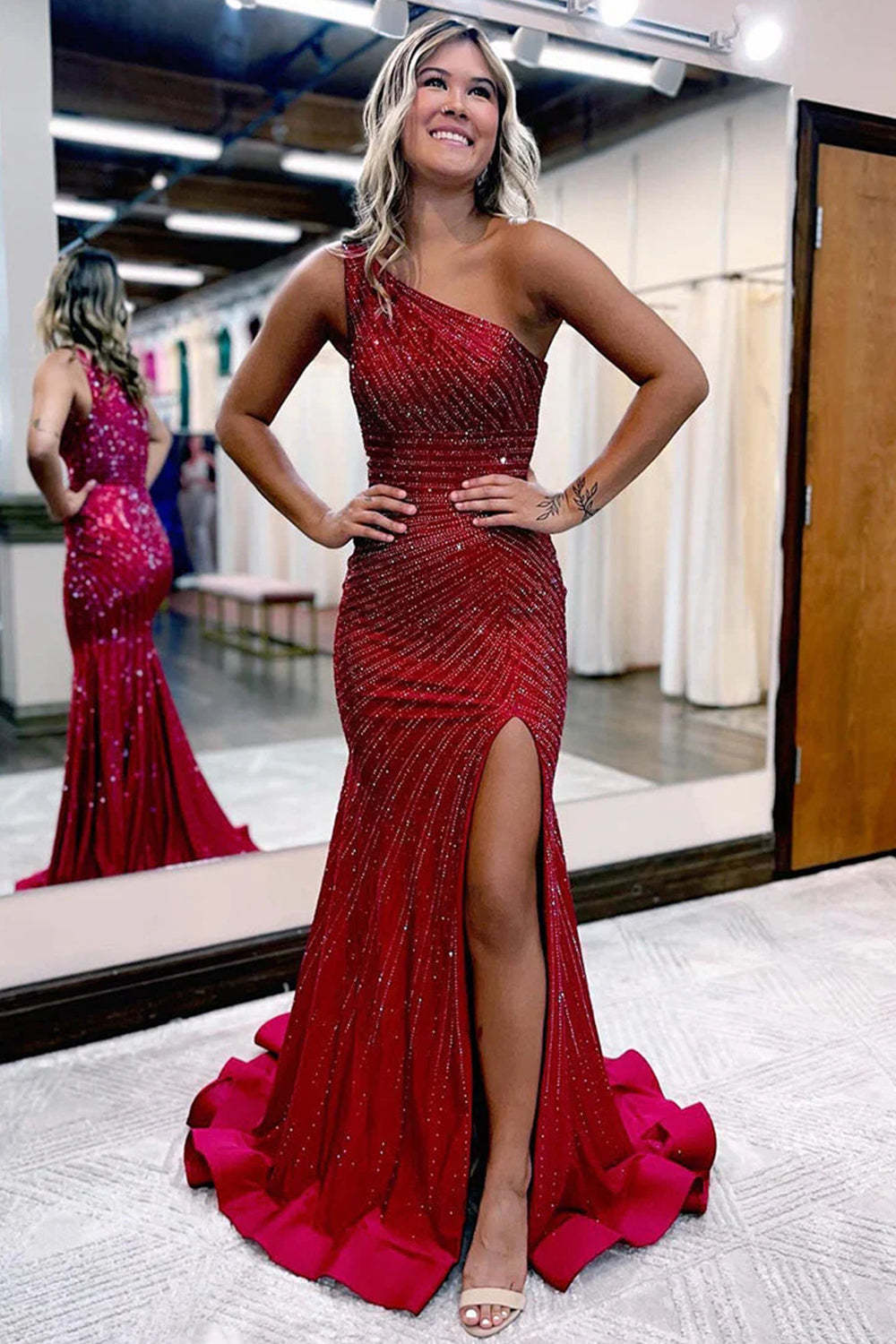 Long Burgundy Beaded Prom Dress with Sparkly Details and a One-Shoulder Slit
