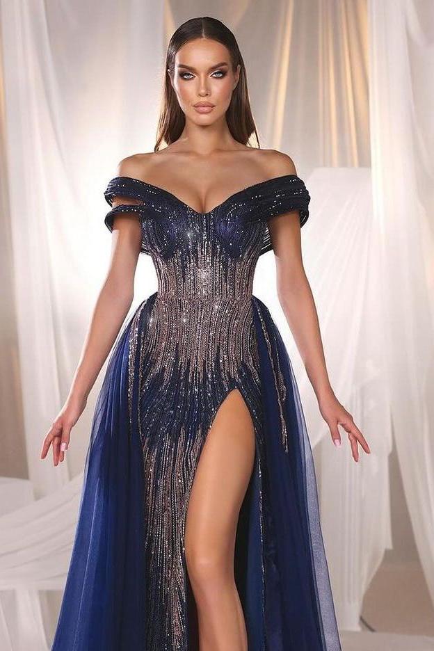 Navy Blue Off the Shoulder Beadings Strapless Long Formal Dress With High Split