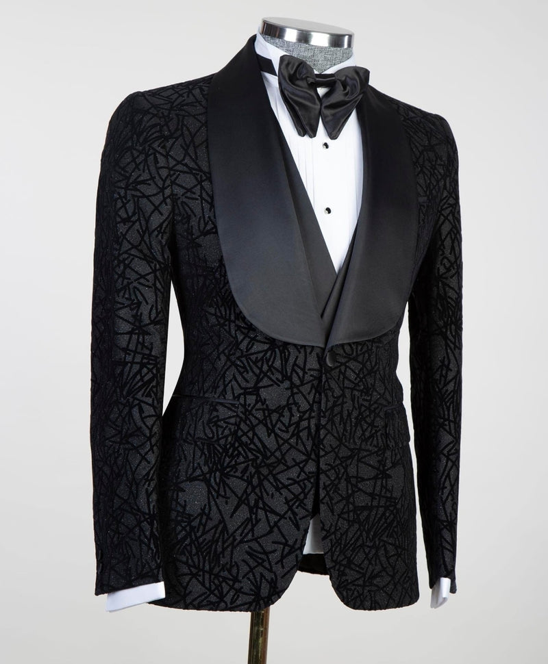 Newest Darren Black Three-Piece Shawl Lapel Jacquard Men's Suits