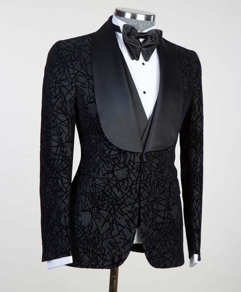 Newest Darren Black Three-Piece Shawl Lapel Jacquard Men's Suits