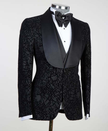Newest Darren Black Three-Piece Shawl Lapel Jacquard Men's Suits