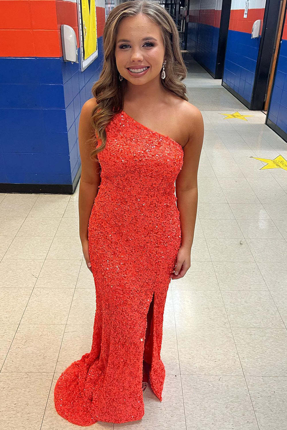 Long Prom Dress in Fuchsia with Sequin Details and Slit