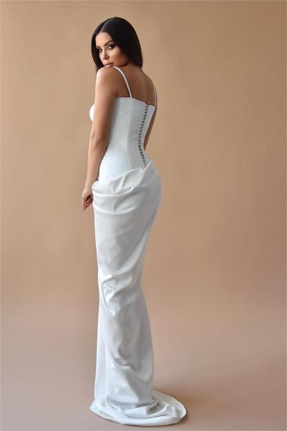Simple White Spaghetti Strap Sleeveless Pleated Long Formal Dress With Split