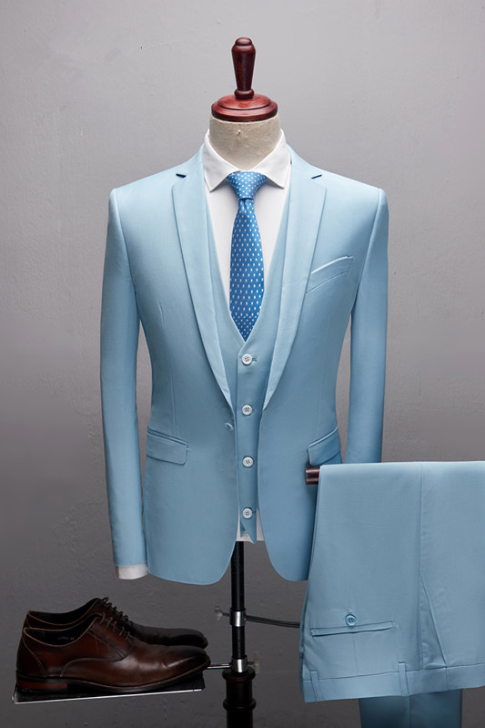 Glamorous Sky Blue Three-Piece Marriage Blazer Suit with Notched Lapel