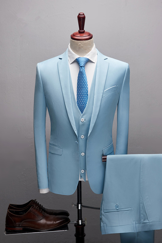 Glamorous Sky Blue Three-Piece Marriage Blazer Suit with Notched Lapel