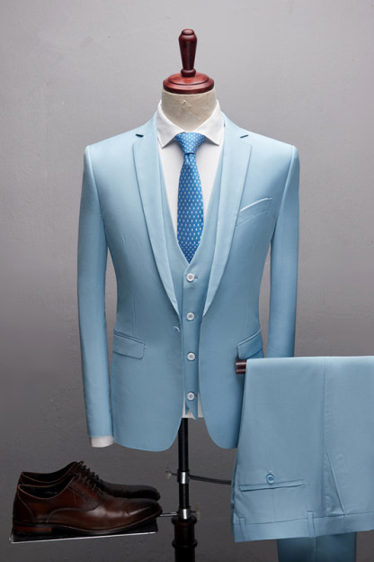 Glamorous Sky Blue Three-Piece Marriage Blazer Suit with Notched Lapel
