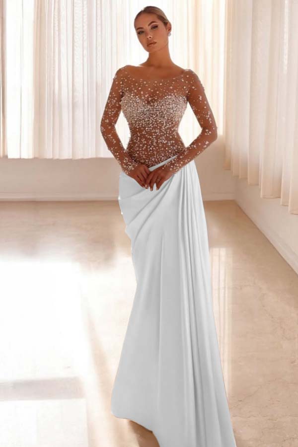 Jewel Neck Long Sleeves Long Mermaid Formal Dress With Pleated