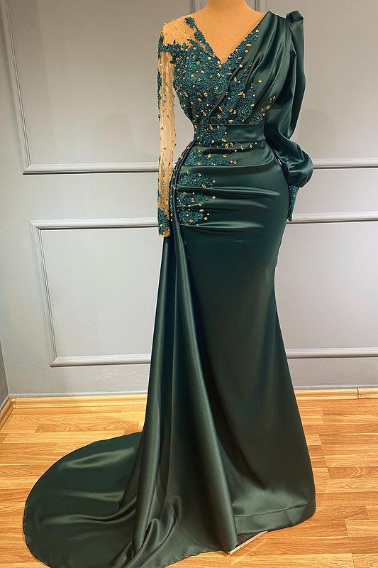 Dark Green Long Sleeves V-Neck Evening Dress Beadings Prom With Lace Appliques