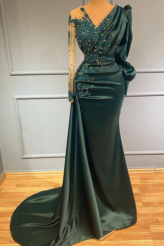 Dark Green Long Sleeves V-Neck Evening Dress Beadings Prom With Lace Appliques