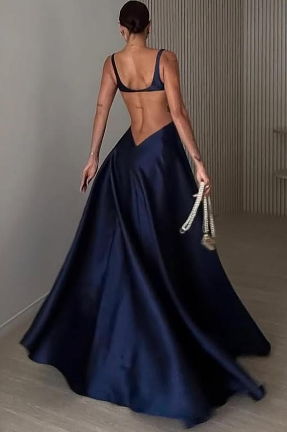 Straps Sleeveless Backless Long A Line Formal Dress With Pleated