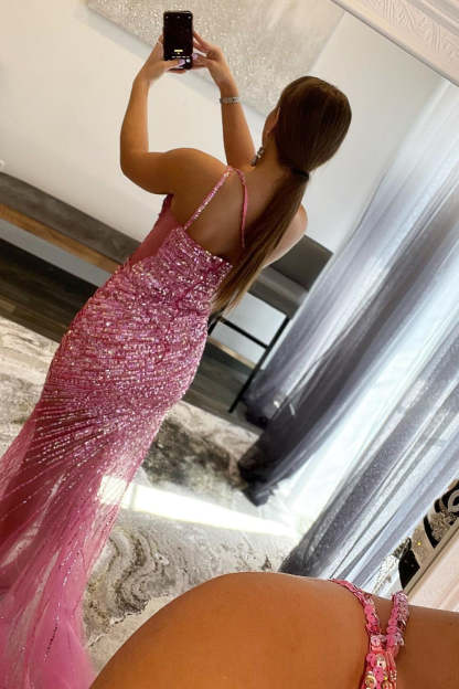 Long One-Shoulder Fuchsia Prom Dress with Sparkly Sequins and Slit