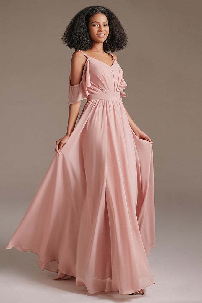 Pink Sleeveless Spaghetti-Straps Bridesmaid Dress