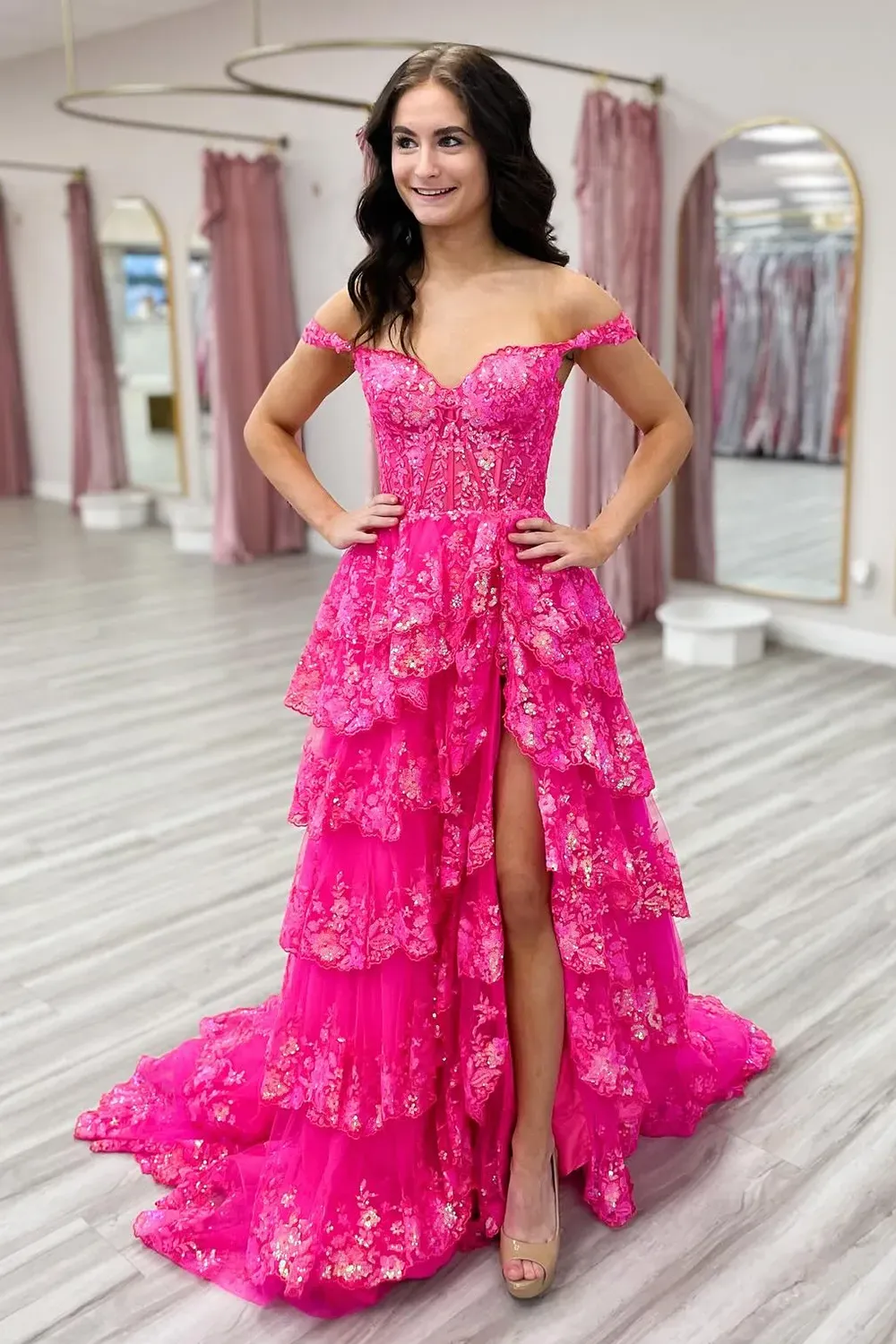 Ocean Blue Off-the-Shoulder Princess A-Line Corset Prom Dress with Lace Ruffles