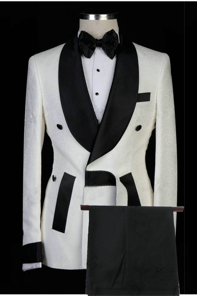 Fashion White Jacquard Shawl-Lapel Men's Suits for Weddings