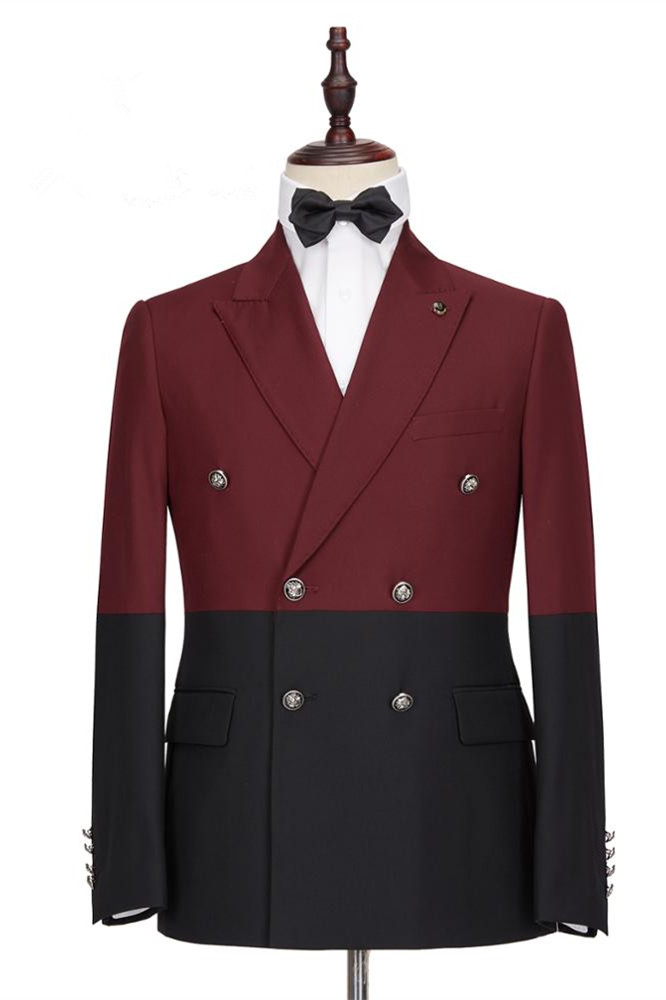 Stylish Burgundy and Black Double-Breasted Party Prom Suit for Guys with Peaked Lapel