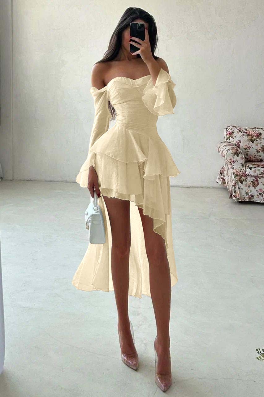 Strapless Long Sleeves Off the Shoulder Short Formal Dress With Ruffles