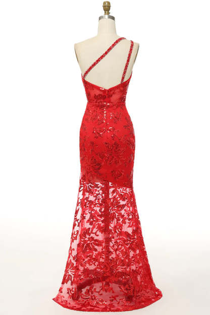 One Shoulder Lace Sheath Prom Gown