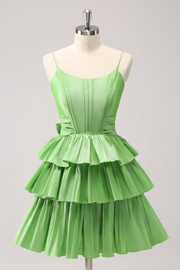 Bright Green Tiered Short Mini cocktail Dress With Bow