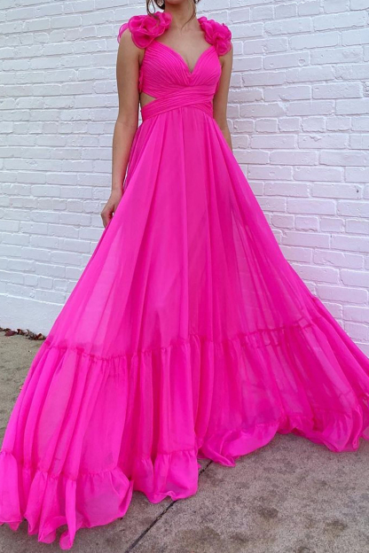 Fuchsia Long A-Line Prom Dress with 3D Flowers and V-Neck